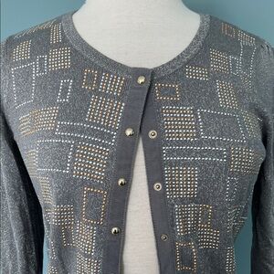 White House Black Market Gray Cardigan with Gold Accents